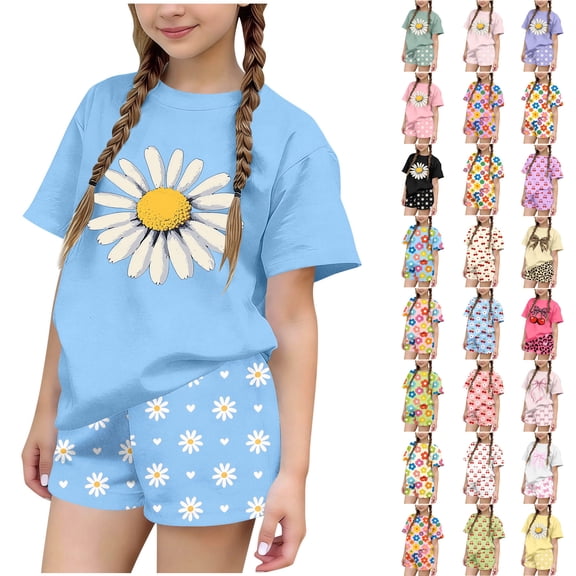 Summer 2 Piece Casual Outfits For Girls Crew Neck Short Sleeve Tees Elastic Waist Shorts Trendy Comfy Print Clothes (14-15 Years, Blue)