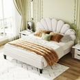 thumbnail image 3 of BTMWAY Queen Bed Frame, New Upgraded Queen Size Velvet Upholstered Platform Bed with Flower Pattern Headboard, Modern Bedroom Furniture Queen Platform Bed, Holds 660lbs, No Box Spring Needed, Beige, 3 of 8