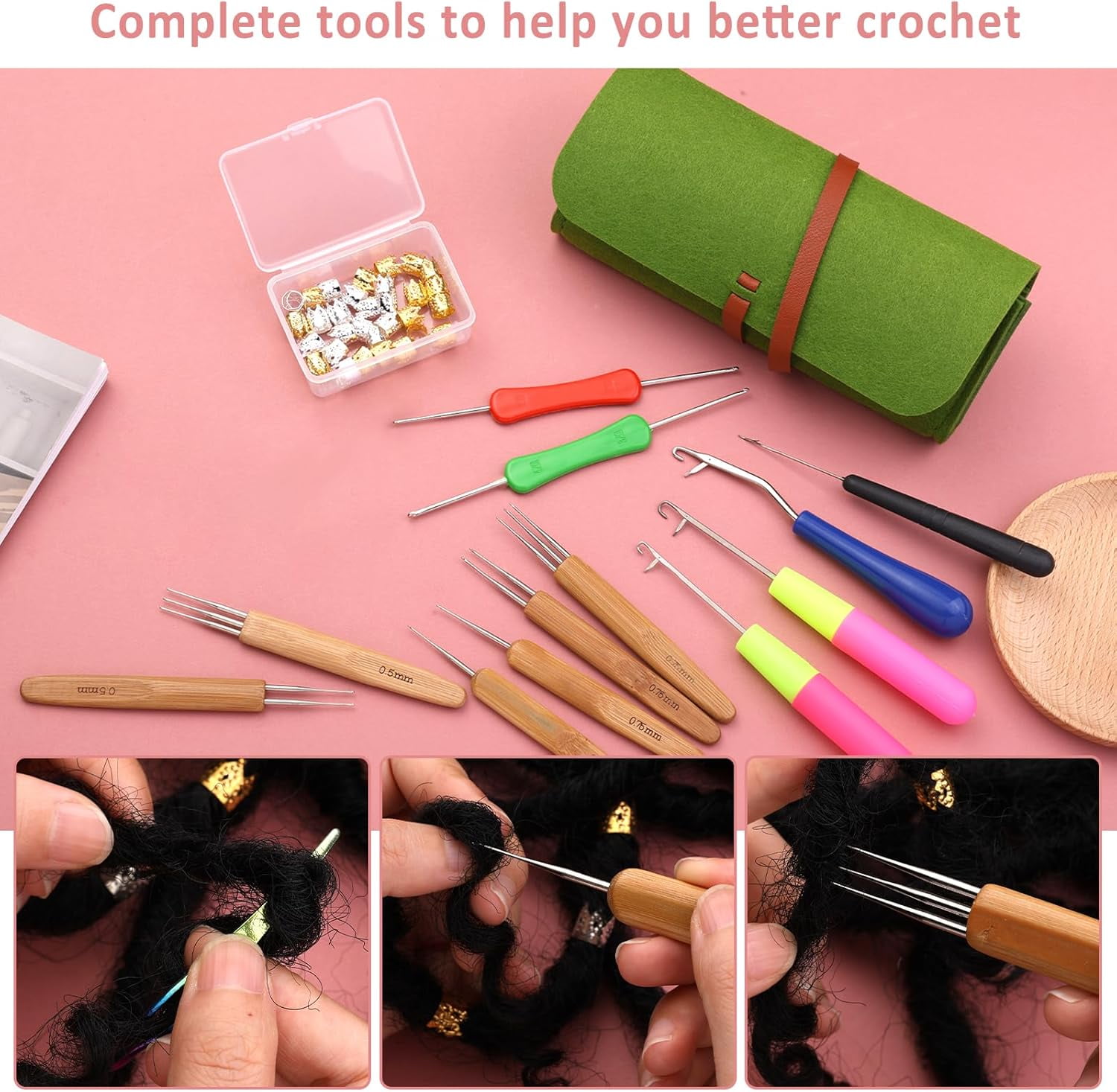 Dreadlock Crochet Hook, 48 Pcs Dreadlock Crochet Hook Tool, 6 Dreadlock Crochet Needle, Different Size Bent Latch Hook, Crochet Needle for Hair Braiding with Case and Dreadlocks Tool
