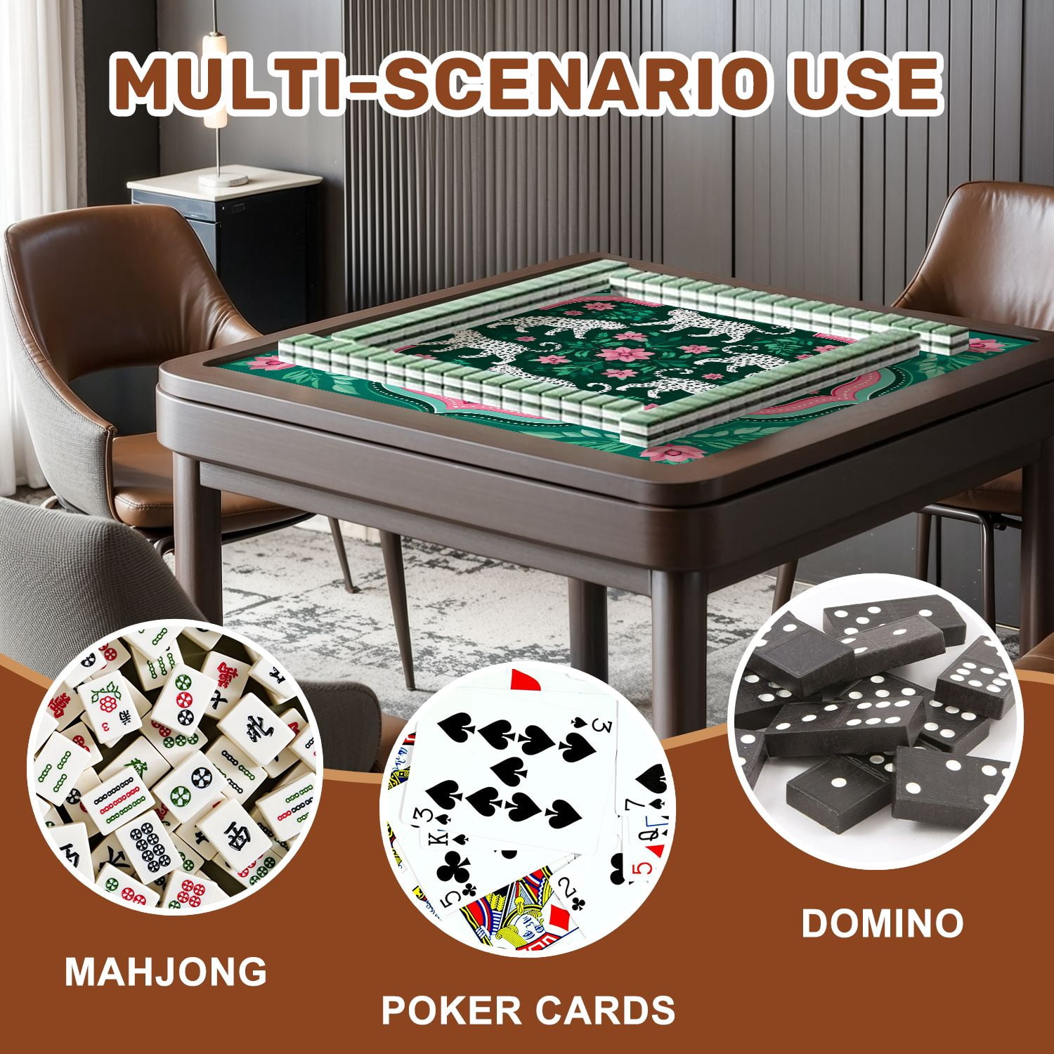 Mahjong Mat 31.5" x 31.5" White Leopards Floral Pink Green Accents Non-Slip Noise Reduction American Mahjong Tiles Table Cover for Dominoes Poker Card Board Games Gift