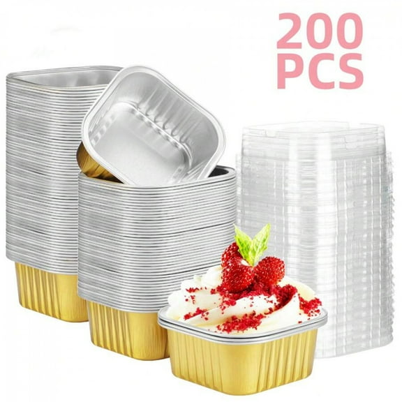 200pcs Baking Cups Aluminum Foil With Lids,5oz Cupcake Mini Cake Pans For Muffins, Desserts, Flans, Pudding&Party Food Display