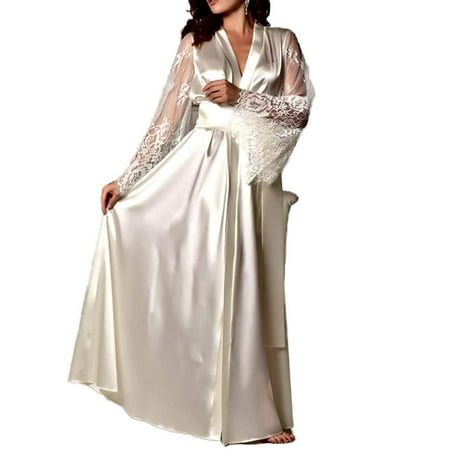 Womens Dressing - Womens Lace Trim Kimonos Robes Long Satin Dressing Gown Bathrobe Sleepwear Loungewear S-XL