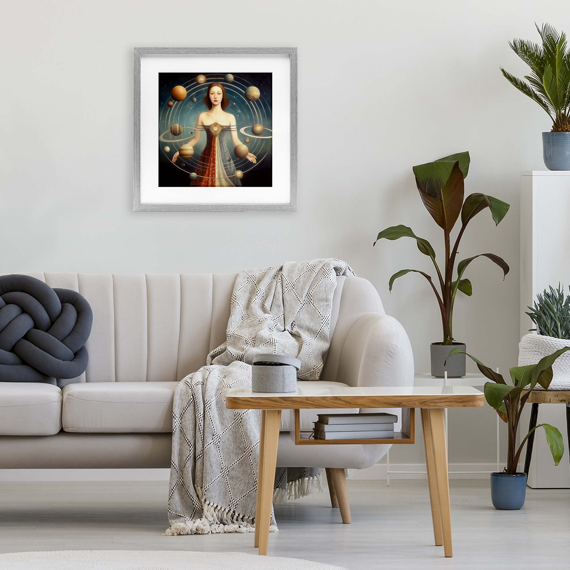 Galactic Orbits Woman Gray Framed Print Under Glass, design by Sasha