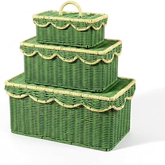 Scalloped Hyacinth Wicker Basket for Toy Storage | 3 Pack Woven Storage Baskets | Decorative Storage Baskets for Shelves | Rattan Baskets for Bedroom By Novahavensnest (Green & Golden)
