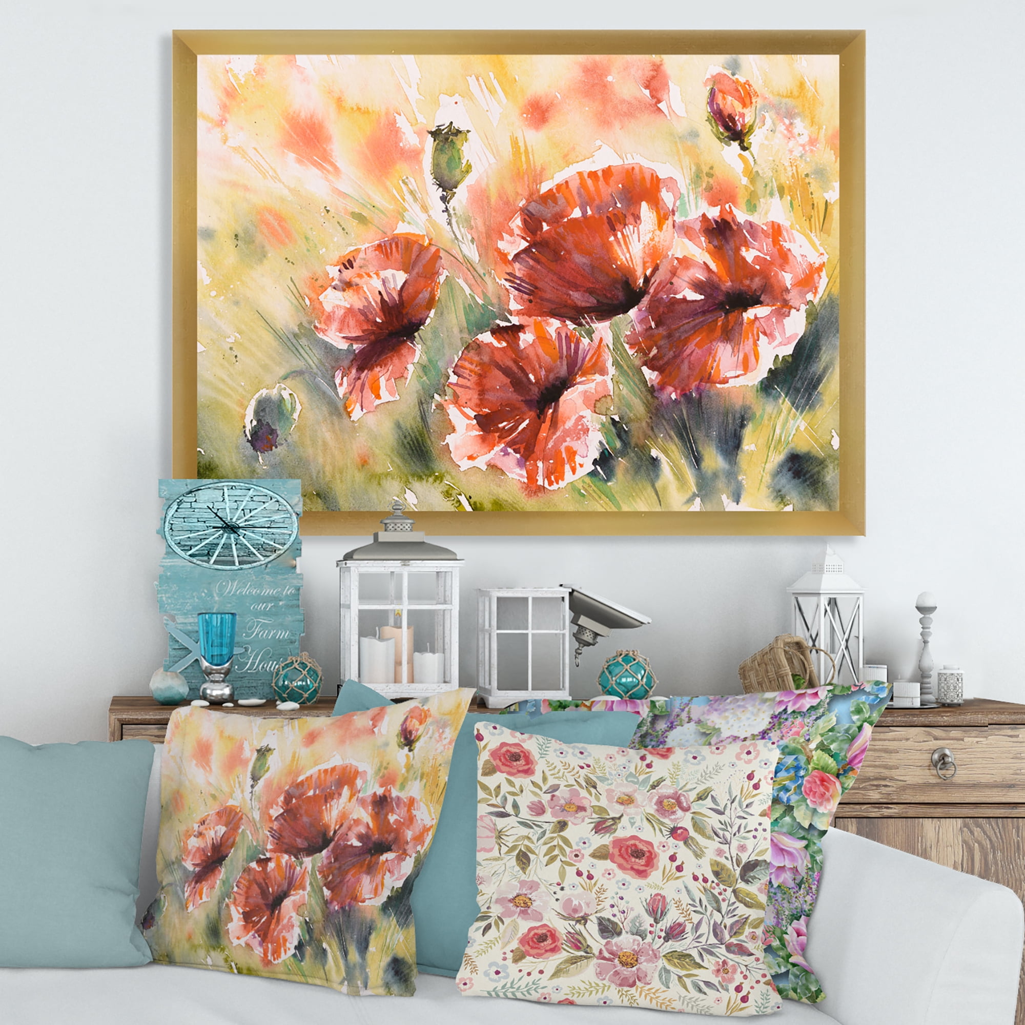 Designart 'Abstract Red Poppy On A Field' Traditional Framed Art Print