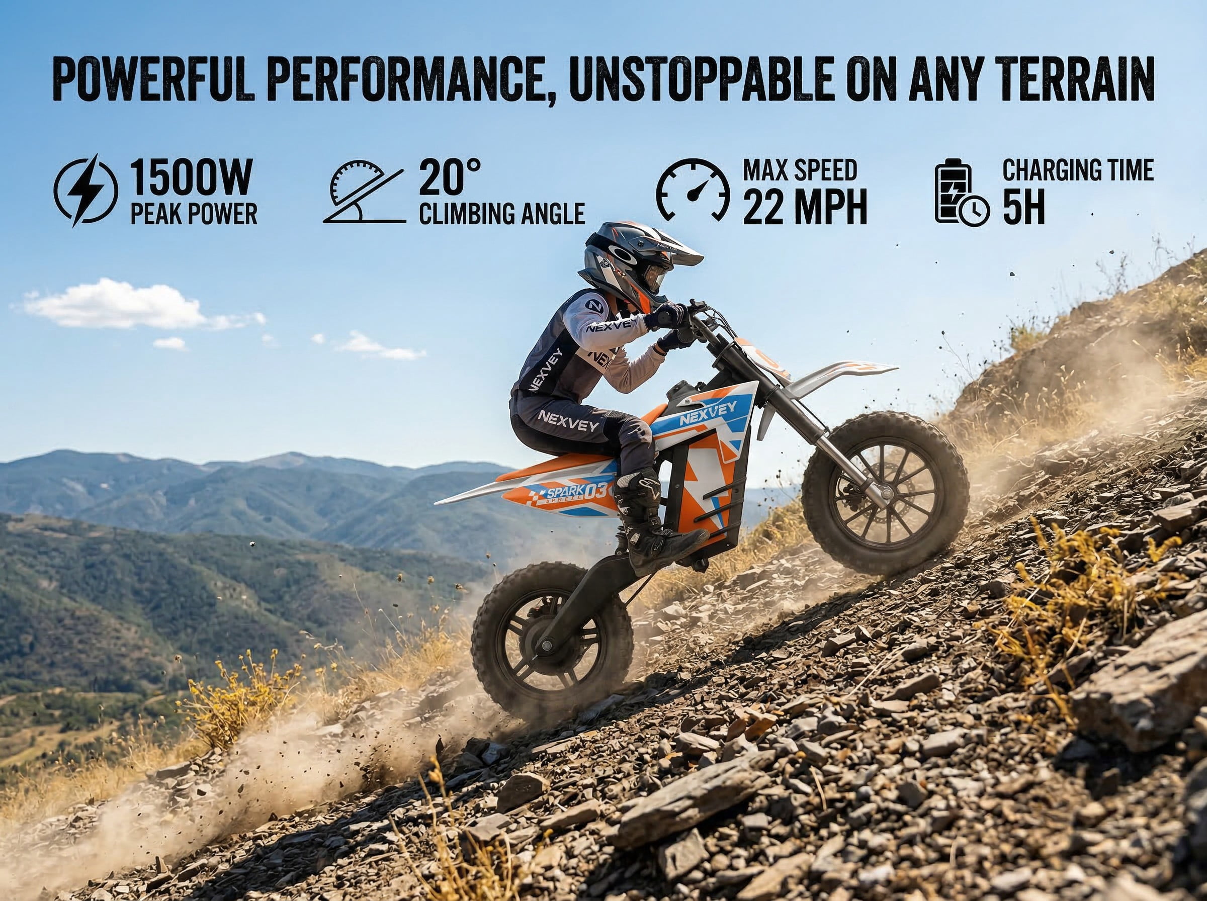 NEXVEY SPARK03 Electric Dirt Bike 1000W Motor 22 MPH 48V Battery 14-Inch Off-Road Tires For Kids
