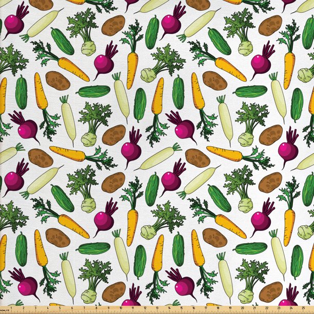 Vegetable Fabric by The Yard, Pattern of Farm Cucumber Carrot Potato Beet Kohlrabi and Radish