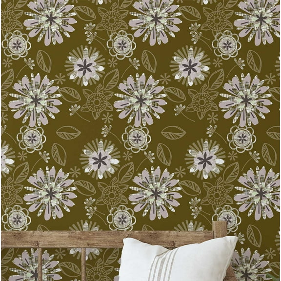 S4sassy Self-Stick Decorative Boho Wallpaper, Floral Print Walls Paper, Vinyl Waterproof Contact Paper, Green, 25"x120"inch Removable Renter Friendly Wall Covering For Bedroom, Dining room