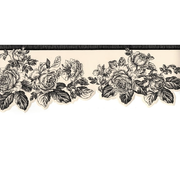 Trimz Scalloped Black Line Cottage Rose Floral Wallpaper Border, Pre-Pasted Walls Decor Length 15 ft