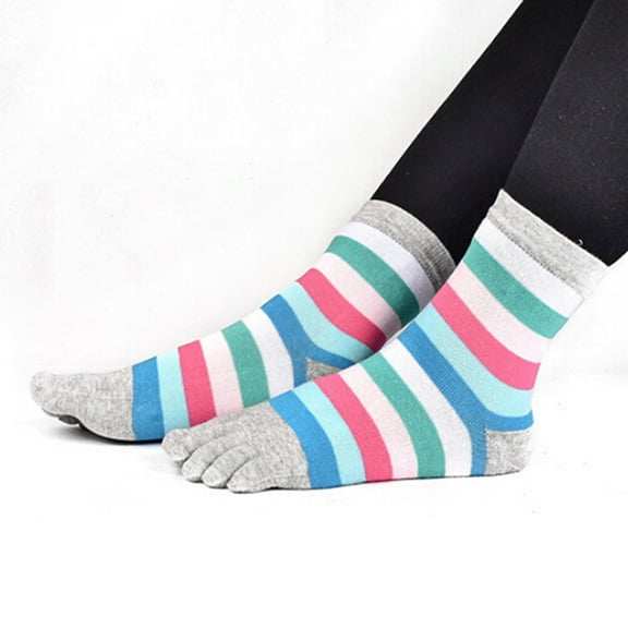 Masteelf Women's Five Finger Socks Colorful Stripped Cotton 5 Toe Socks for Women (Grey)