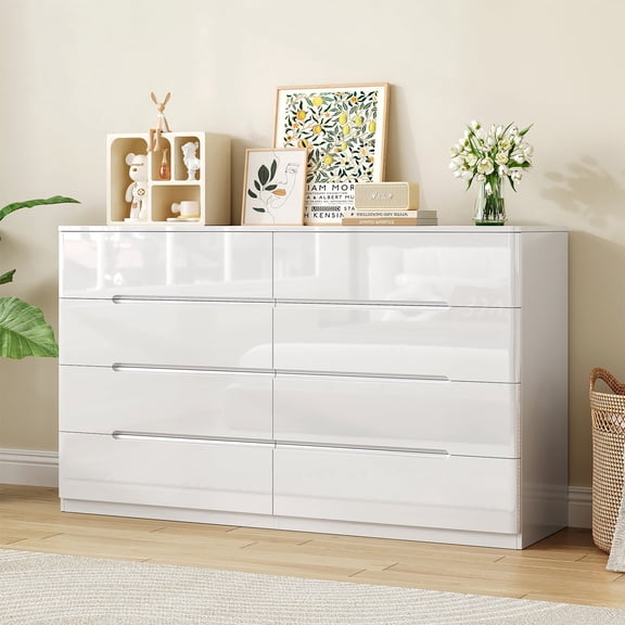 47" White Glossy 8 Drawer Dresser for Bedroom, Modern Chest of Drawers with Groove Handle for Living Room