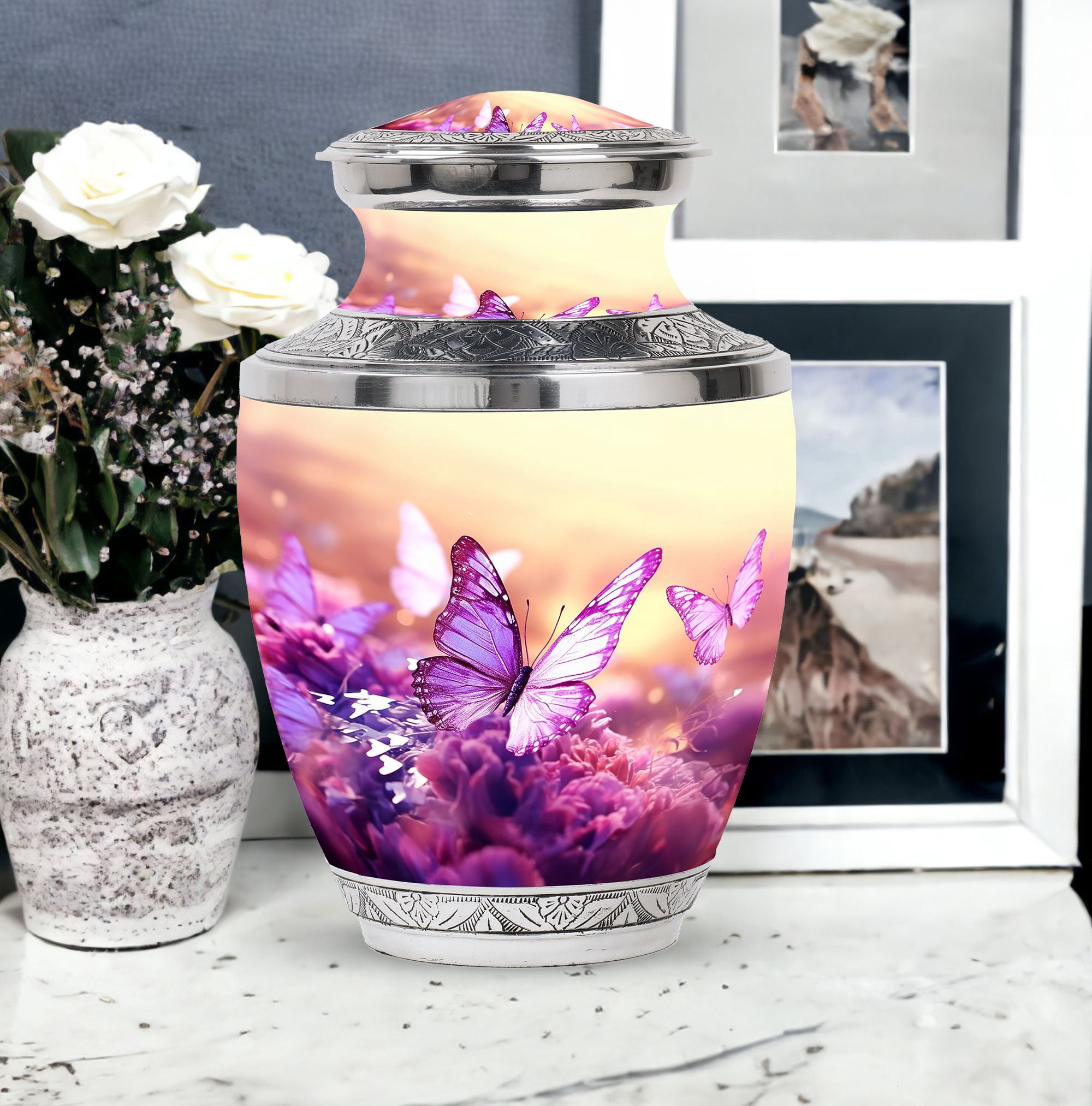 Purple Butterfly Unique Urns For Human Ashes Adult Father - Memorial Small Urn For Ashes Adult Women - Large Burial Gifts For Decorative Combo 10Inch 200Lbs And 3Inch 4 Keepsake