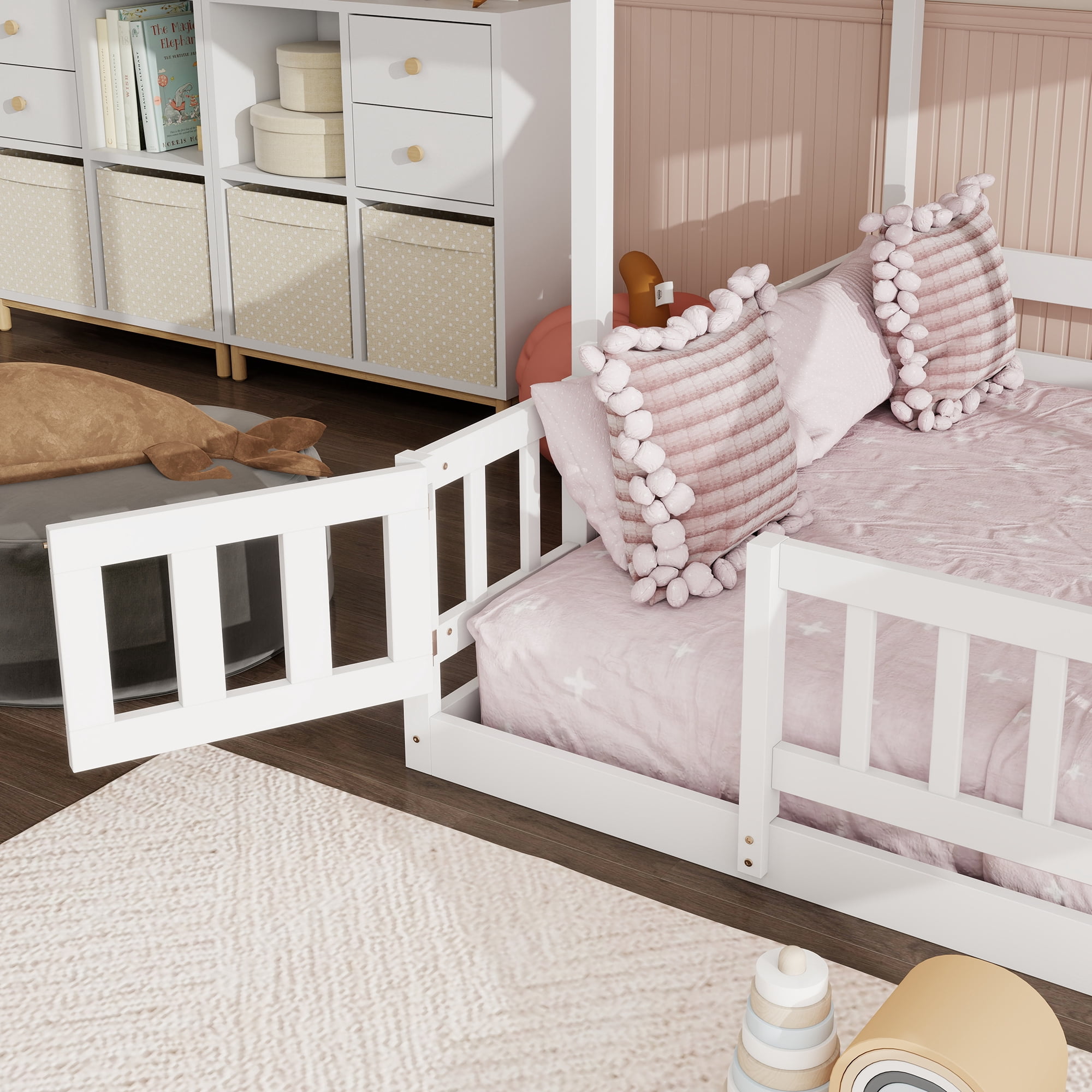 Mintazer Twin Over Full Bunk Bed with Slide & Storage Staircase, Kids Floor Bunk Bed with Guardrails, White