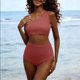 thumbnail image 2 of Traje de Baño de Mujer con Pantalones Cortos de un Hombro de Cintura Alta de Dos Piezas, Traje de Baño de Torso Largo con Doblado Ondulado Y Sujetador Acolchado Extraíble, Desgaste de Vacaciones de P, 2 of 8