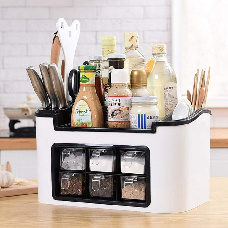 5 in 1 Kitchen Organizer with Spoon Knife Holder, Utensils & Spice Jars Utensils Organizer, 6 Spice Box Organizer for Multifunction Kitchen
