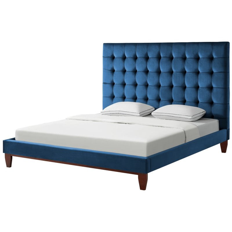Posh Living Blake Button-Tufted Velvet Queen Bed Frame in Blue