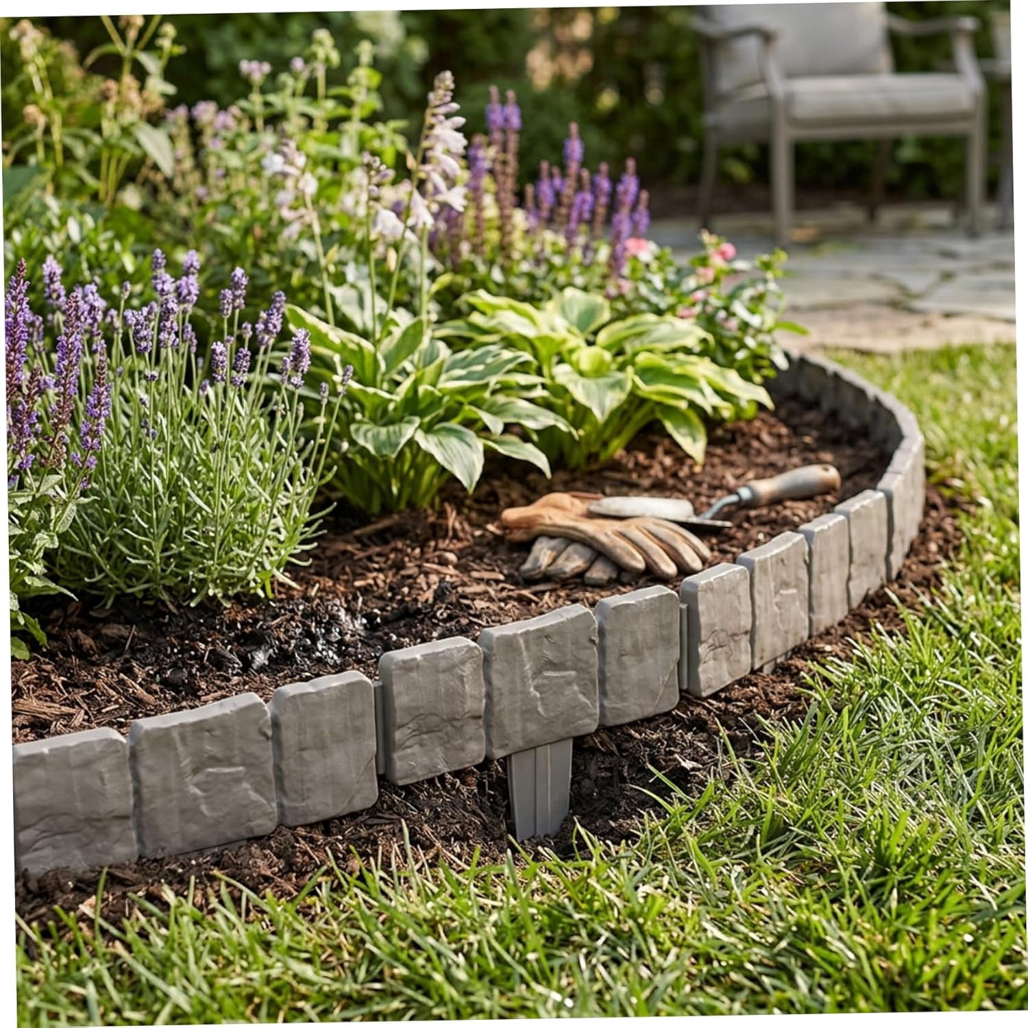 Garden Edging Border, Faux Stone Edging with Easy Installation, 20-Pack Interlocking Plastic Landscape Border for Yard, Flower Bed, and Lawn, Faux Stone Black