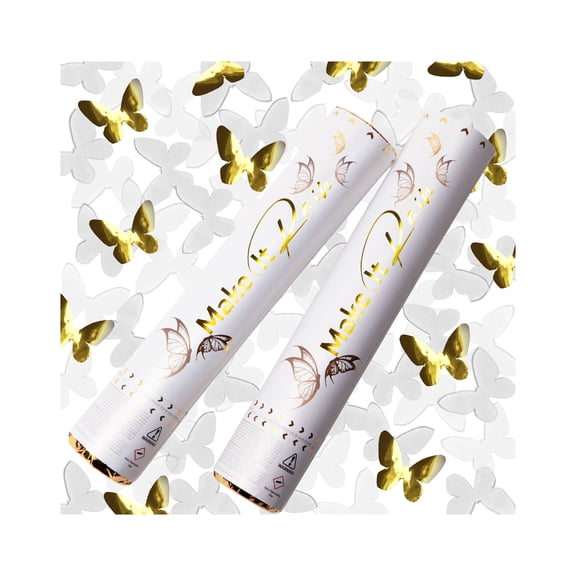PrimePure Confetti Party Cannon – 2 Pack, White Paper & Gold Mylar, Butterfly Confetti