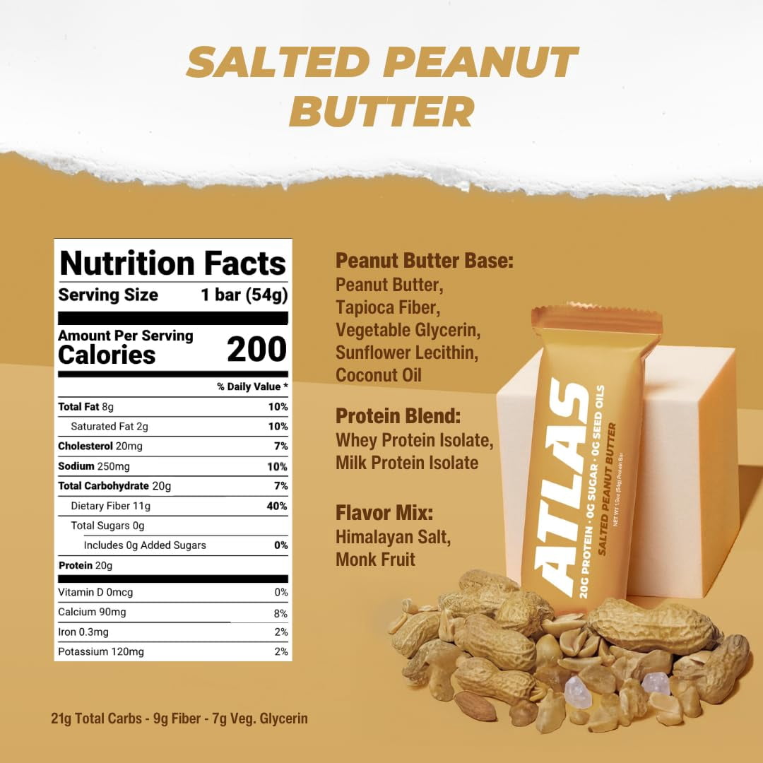 Atlas Protein Bar, Salted Peanut Butter, 20g Protein, 1g Sugar, 0g Seed Oils, 0g Artificial Sweeteners, 12-Pack