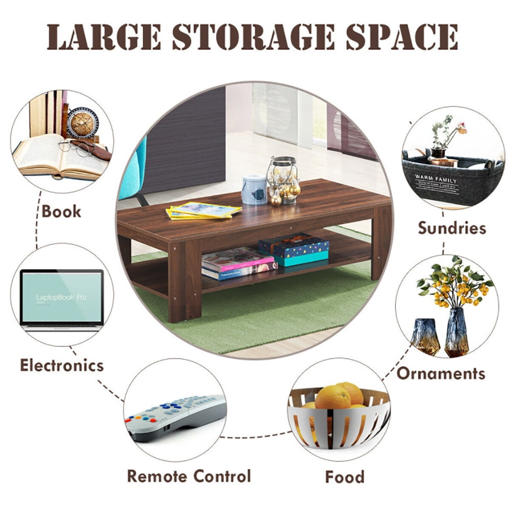 Finihen Rectangular Coffee Table, 47 Inch 2-Tier Rectangular Coffee Table with Storage Shelf, for Living Room, Reception Room, Office, Brown