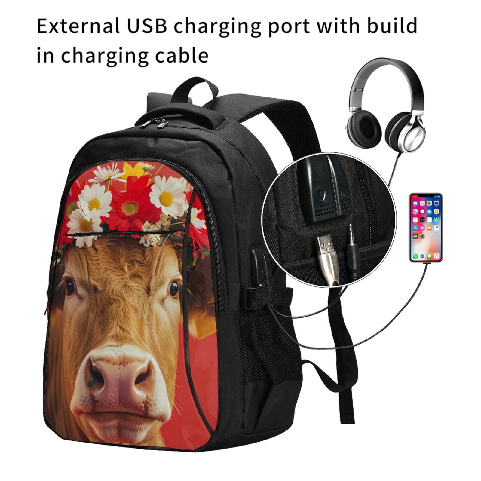 Vsdgher White And Red Daisy Cow Print Travel Laptop Backpack, Laptops Backpack with USB Charging Port, Water Resistant Computer Bag Gift for Men & Women