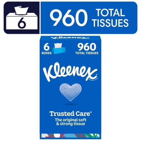 Kleenex Trusted Care Facial Tissues, 6 Flat Boxes, 160 Tissues per Box, 2-Ply