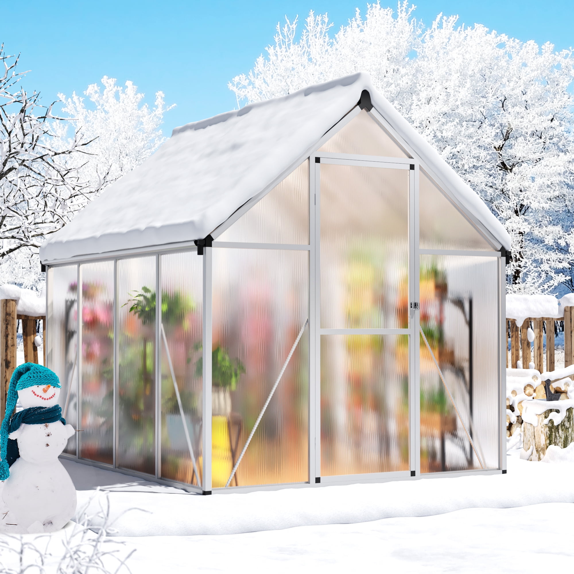 NETAJE 6'x 7'Polycarbonate Greenhouse,Large Aluminum Walk-in Green House with Window for Backyard,Sliver