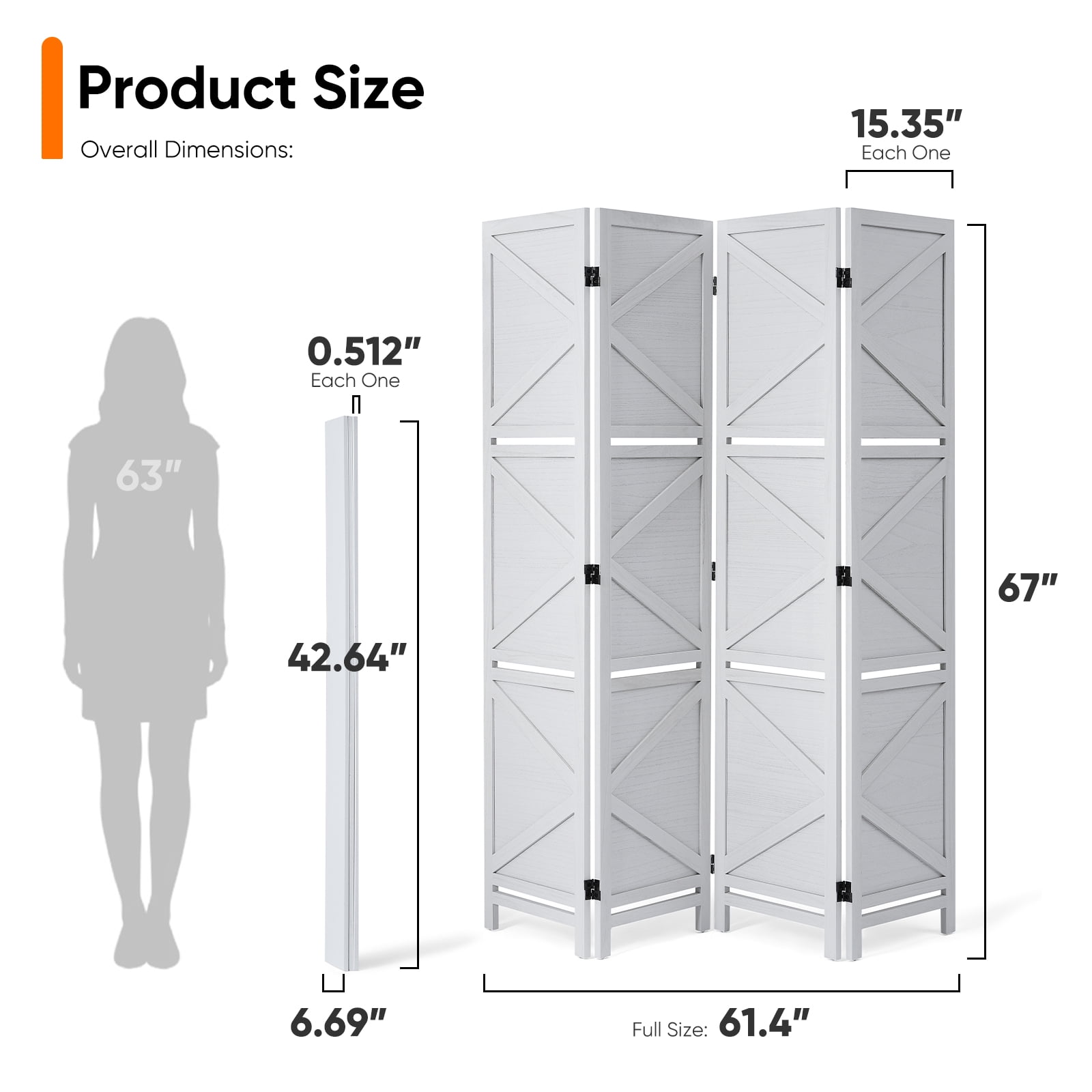 Jostyle 4 Panel Room Divider Privacy Screen with Storage Shelves - Foldable Partition with Natural Paulownia Wood Frame for Living Room, Bedroom, Office White