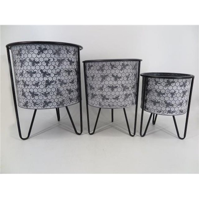 Bees on White Washed Honeycomb Pattern with Metal Frame Planters, Set of 3