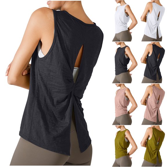AGWOLF Women's Workout Tank Tops Athletic Racerback Tops Open Back Yoga Tanks Tie Back Sleeveless Workout Shirt Athletic Activewear White L