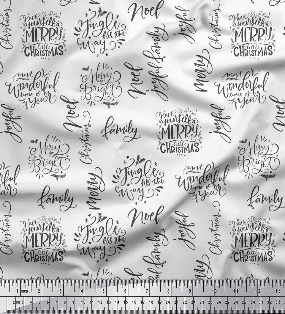 Soimoi White polyester Crepe Fabric Merry Christmas Text Fabric Prints By Yard 52 Inch Wide