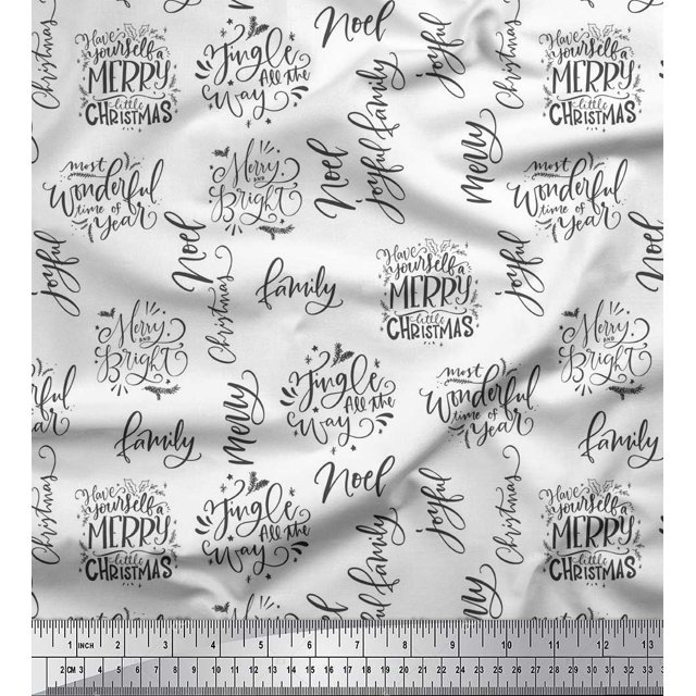 Soimoi White Poly Georgette Fabric Merry Christmas Text Decor Fabric Printed Yard 42 Inch Wide