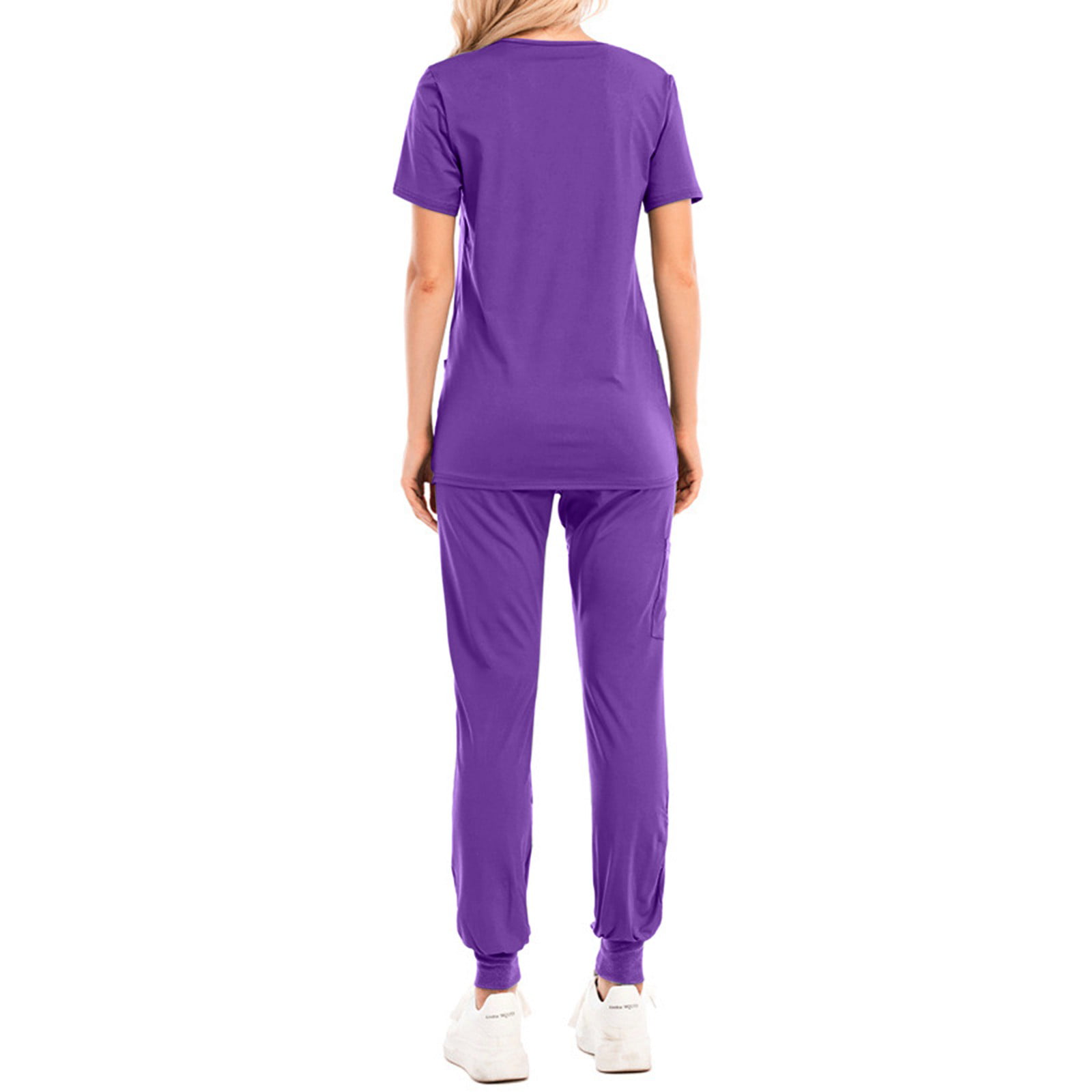 Sksloeg Womens Scrub Set 4 Way Stretch 2 Pocket Zipper Top with Jogger  Pants Nursing Short Sleeve Workwear,Pink XL