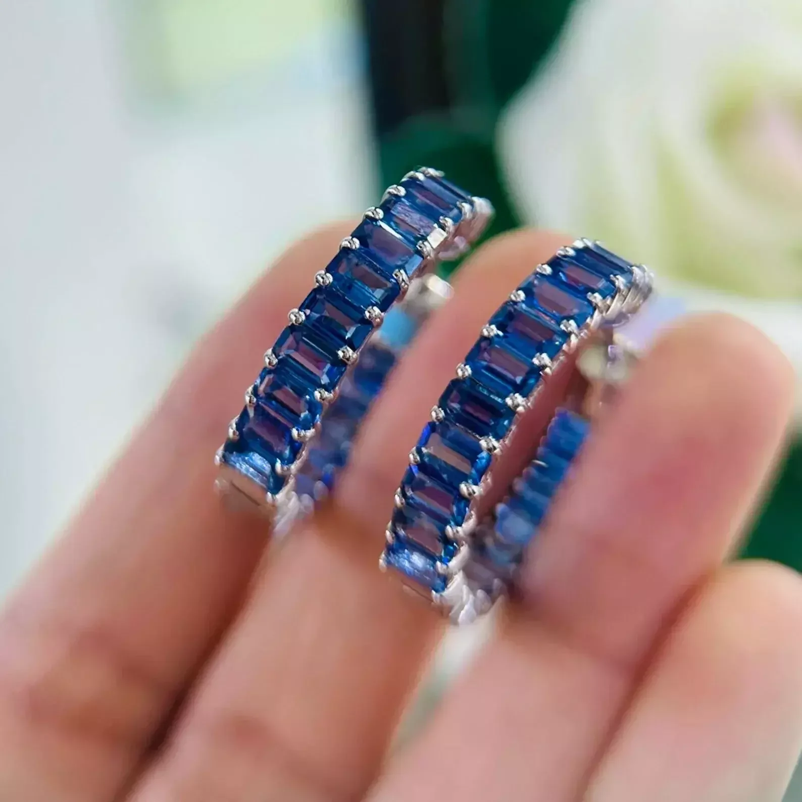 2.00 Ct Emerald Cut Cubic Zirconia Blue Sapphire Hoop Earrings, 14K White Gold Plated Sterling Silver