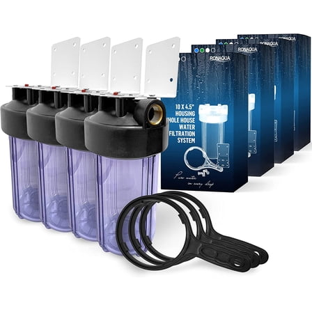 High Capacity 10 x 4.5 Whole House Filter Purifier System for Well or City Water, Presser Relief Button, 1 NPT Brass Port, Double O-ring, Meets NSF Standards & Regulations (Transparent, 4 Sets)