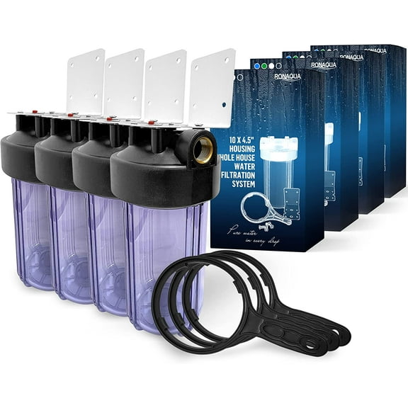 High Capacity 10 x 4.5 Whole House Filter Purifier System for Well or City Water, Presser Relief Button, 1 NPT Brass Port, Double O-ring, Meets NSF Standards & Regulations (Transparent, 4 Sets)