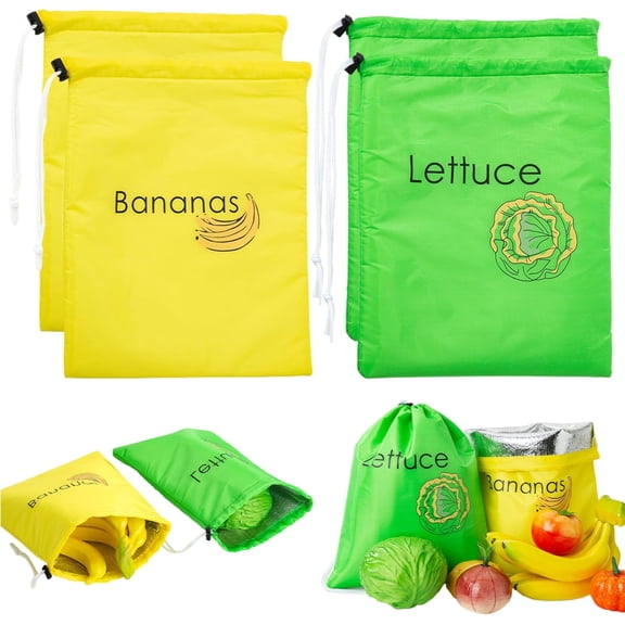 Banana Keeper Bag for Freshness, Drawstring Produce Saver, Reusable & Washable Fruit Storage Bag, Keeps Bananas Fresh Longer for Kitchen & Travel(RL Yellow Green 4 PCS)