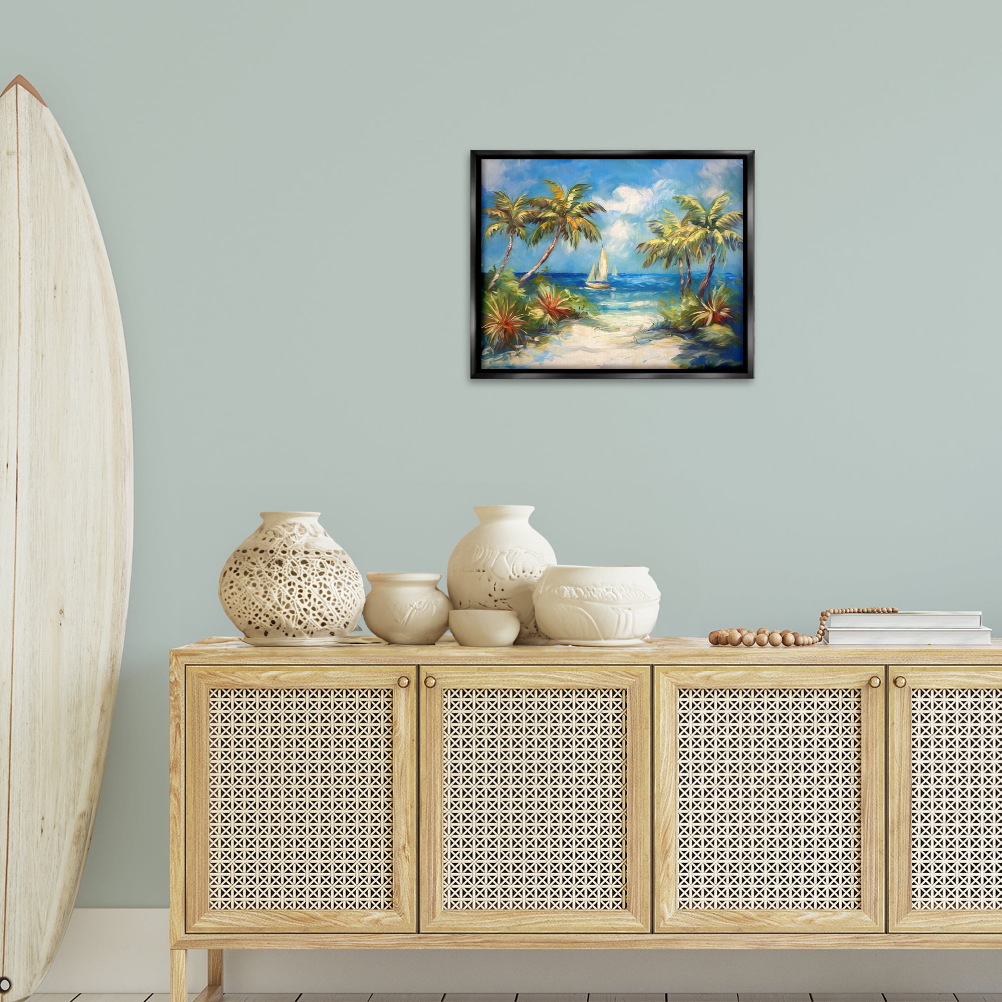 Stupell Industries Tropical Paradise Harbor Coastal Painting Black Floater Framed Canvas Art Print Wall Art, 21 x 17