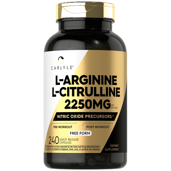 L-Arginine L-Citrulline Complex | 2250mg | 240 Capsules | Nitric Oxide Precursors | Free Form | Non-GMO & Gluten Free | by Carlyle