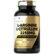 L-Arginine L-Citrulline Complex | 2250mg | 240 Capsules | Nitric Oxide Precursors | Free Form | Non-GMO & Gluten Free | by Carlyle