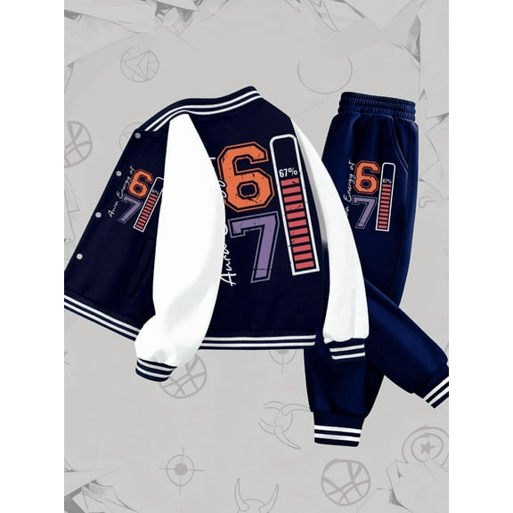 Varsity Style Tracksuit Varsity Jacket set funny boys blue polyester Casual Classic Polyester Baseball Jacket and Pants Set Perfect for Outdoor Sportswear plain cartoon funny vintage 3 to 10 years