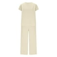 thumbnail image 3 of Fmbrln Womens Plus Size 2 Piece Sets Summer Casual Solid Color Crew Neck Short Sleeve Tops and Elastic Waist Wide Leg Pants with Pockets Sets Lounge Comfy Outfits Beige XL, 3 of 5