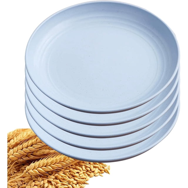 5Pcs Dinner Plates Wheats Straw Plates Set Unbreakable Reusable,Lightweight,Smooth Edge Plate Dishwasher & Microwave Safe (Blue,7 inch)