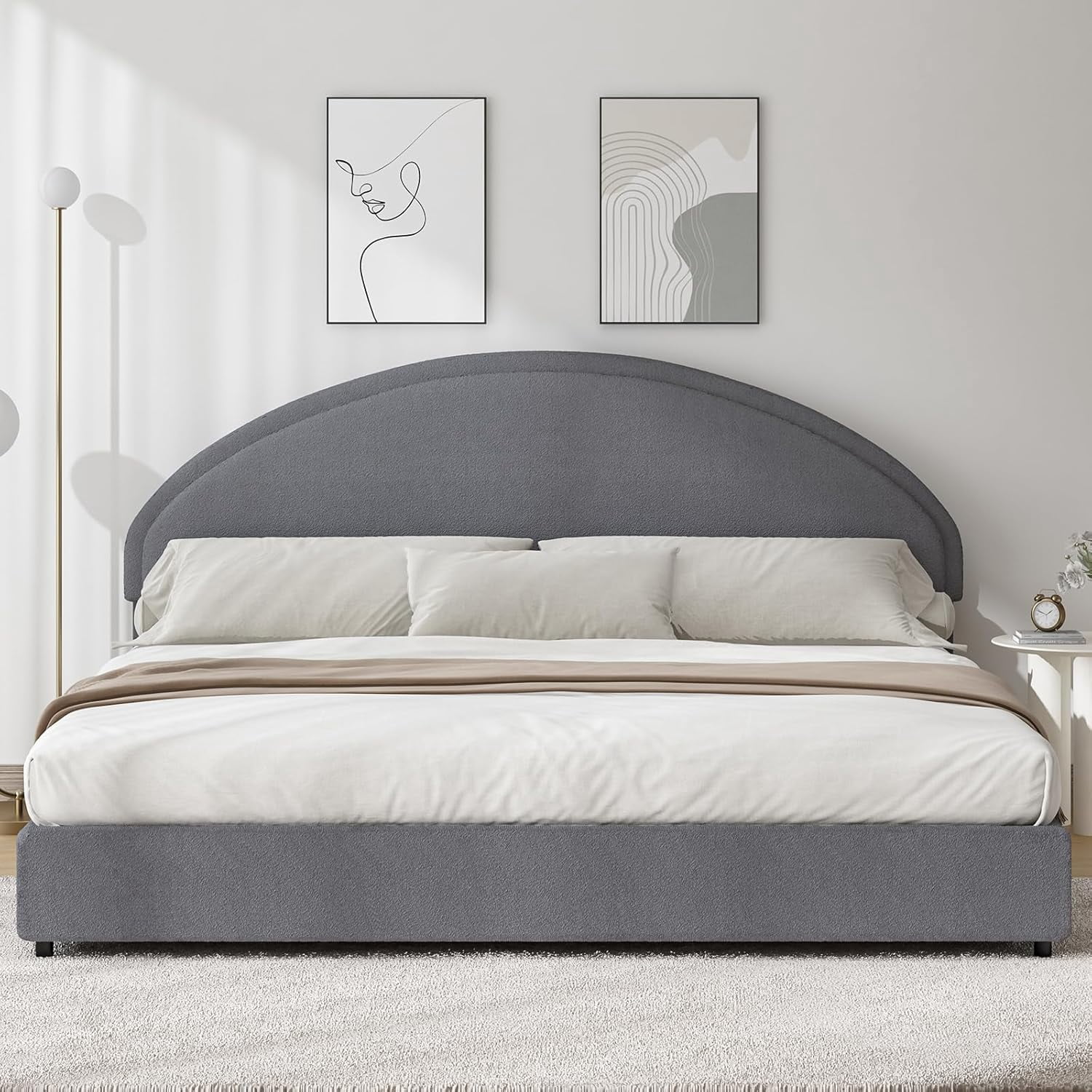 4 EVER WINNER King Size Bed Frame, Boucle Upholstered Bed Frame with Headboard, Gray King Bed Frame, Gray