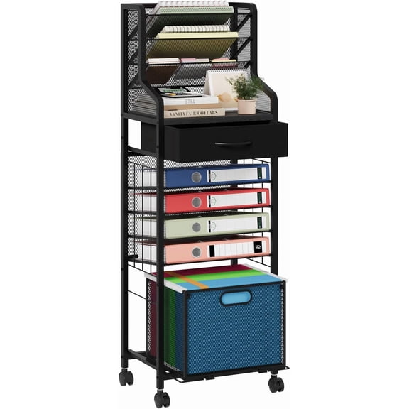 10-Tier Rolling File Cart - Mesh Paper Organizer with Drawer and Hanging File Folders on Lockable Wheels, Rolling File Cabinet for Office Organization, Storage in Home, Studio, School, Black