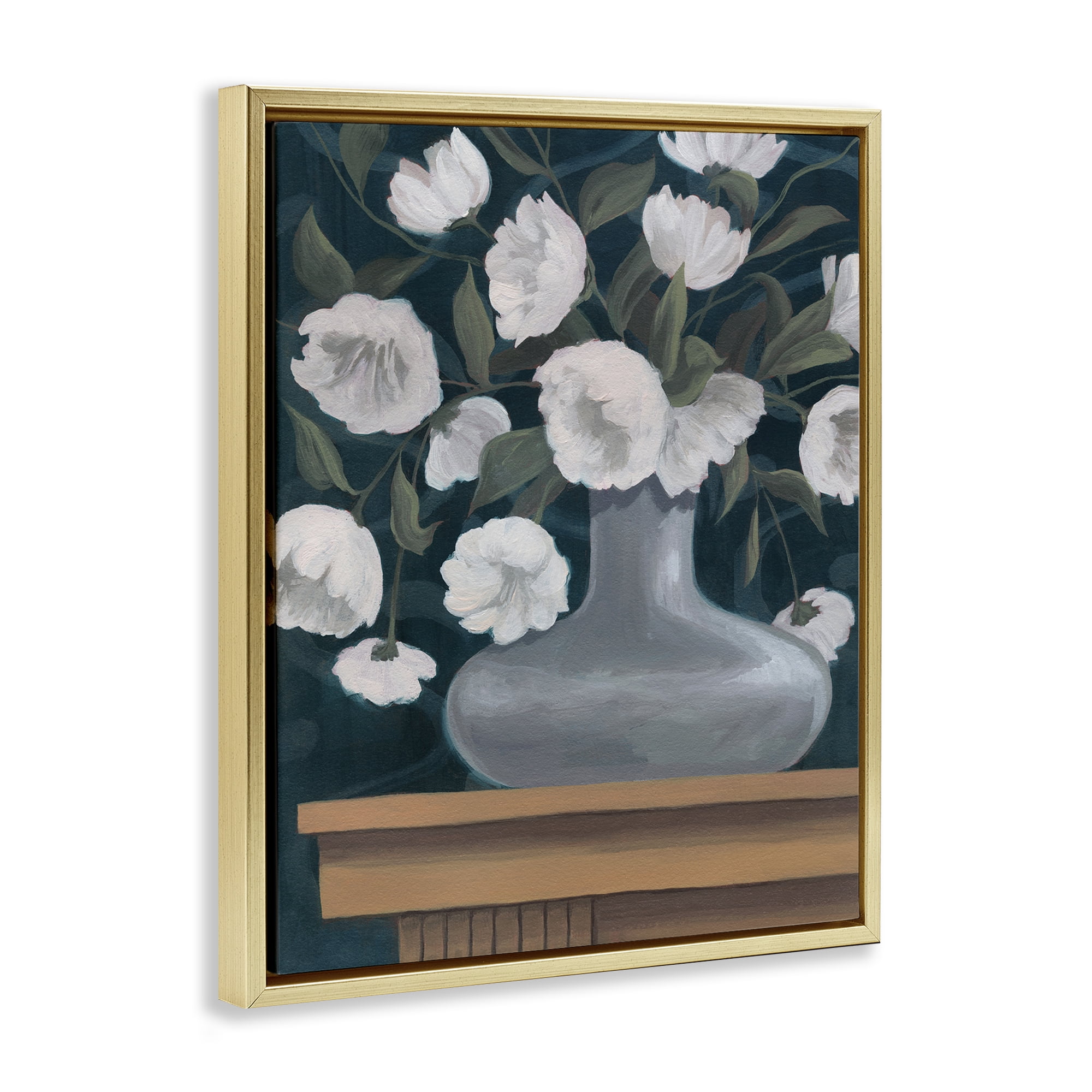 Stupell Industries White Flowers in Round Vase Plants & Flowers Painting Gold Floater Framed Canvas Art Print Wall Art, 17 x 21