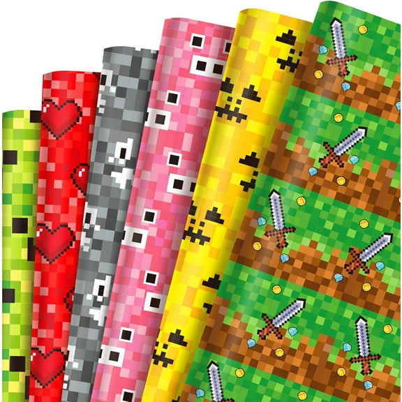 Pixel Style Wrapping Paper 12-Pack - Contains 6 Creative Designs for Holiday Party Gift Decoration, Large Size