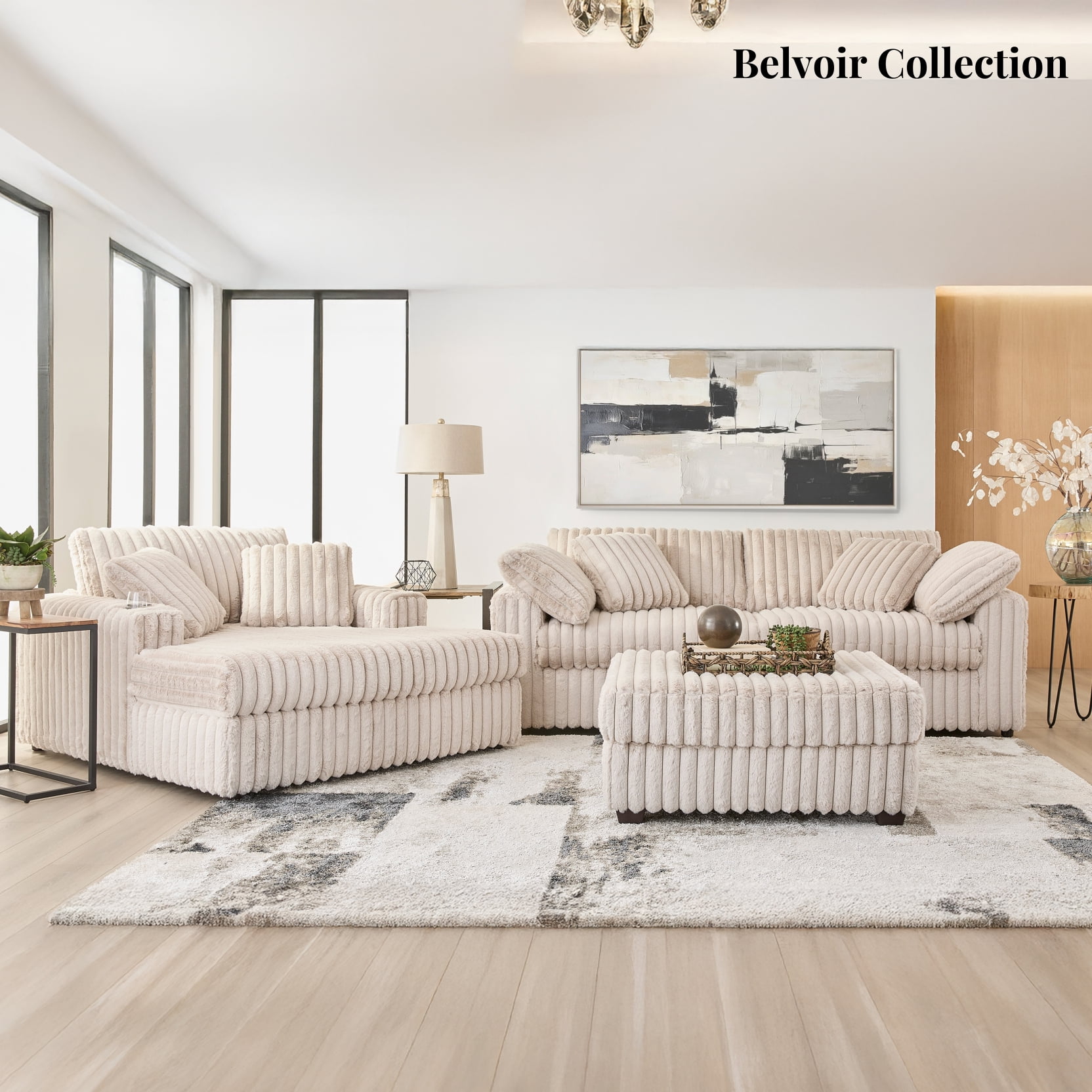 Roundhill Furniture Belvoir Oversized Cuddle Chaise, with Cup Holders, Beige Champagne