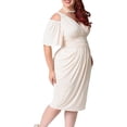 thumbnail image 4 of Uhndy Women Plus Size Sexy Stretch Dress Off Shoulder Wrap Sweetheart Party Midi Dresses Comfort Soft Short Sleeve Pleted Belt Dress white XXL, 4 of 5
