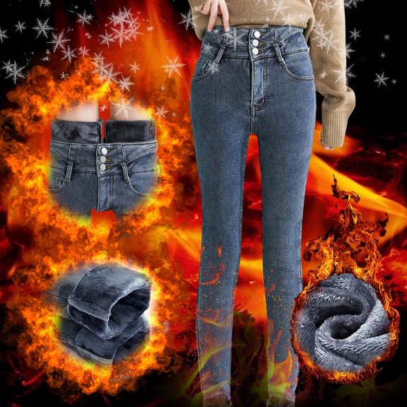 Womens Skinny Jeans Trendy Solid Color Skinny Leg Winter Warm Fleece Lined Comfy Casual Trousers With Pocket Blue M